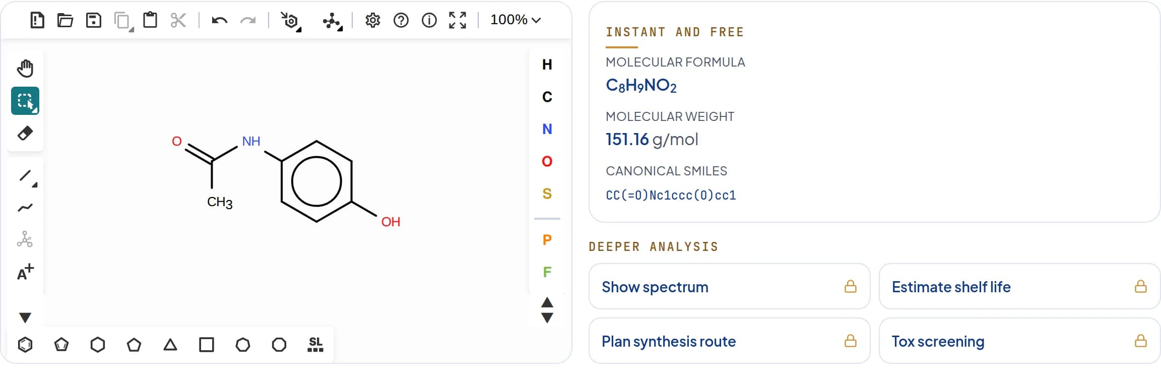 Sketcher preview with paracetamol: structure editor on the left, formula C8H9NO2, molecular weight 151.16 g/mol and canonical SMILES on the right.
